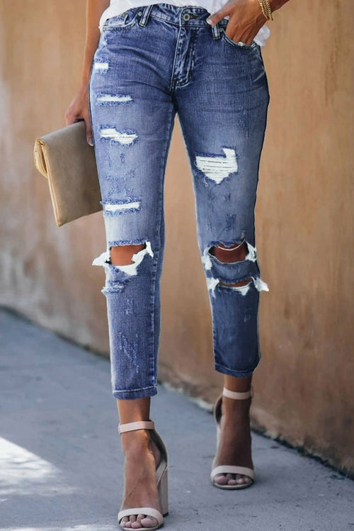 Fading Distressed Holes Crop Jeans - Yaze Jeans