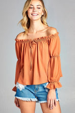 Load image into Gallery viewer, Women&#39;s Puff Long Sleeve Ruffled Front Tie Off Shoulder Top - Yaze Jeans
