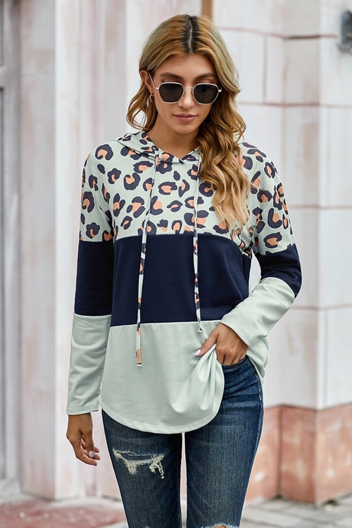 Leopard Color Block Drawstring Hoodie - Yaze Jeans
