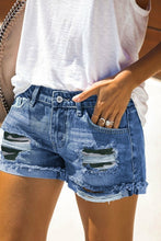 Load image into Gallery viewer, Fashion Blue Green Camo Patchwork Rolled Hem Denim Shorts - Yaze Jeans
