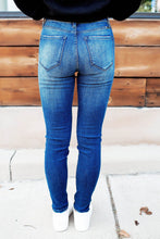 Load image into Gallery viewer, Dark Wash Mid Rise Distressed Plaid Patch Skinny Jeans - Yaze Jeans
