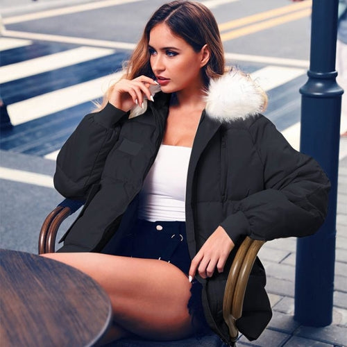Winter warm hooded down jacket Female fur collar pocket - Yaze Jeans