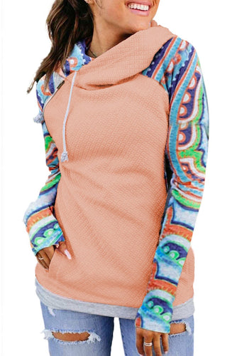 Printed Raglan Sleeve Waffle Hoodie - Yaze Jeans