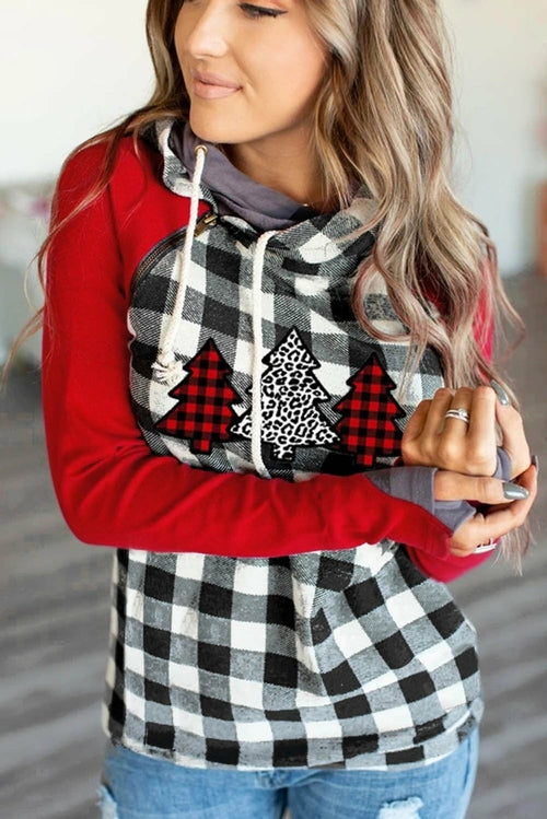 Christmas Tree Plaid Pattern Asymmetric Zip Hoodie - Yaze Jeans