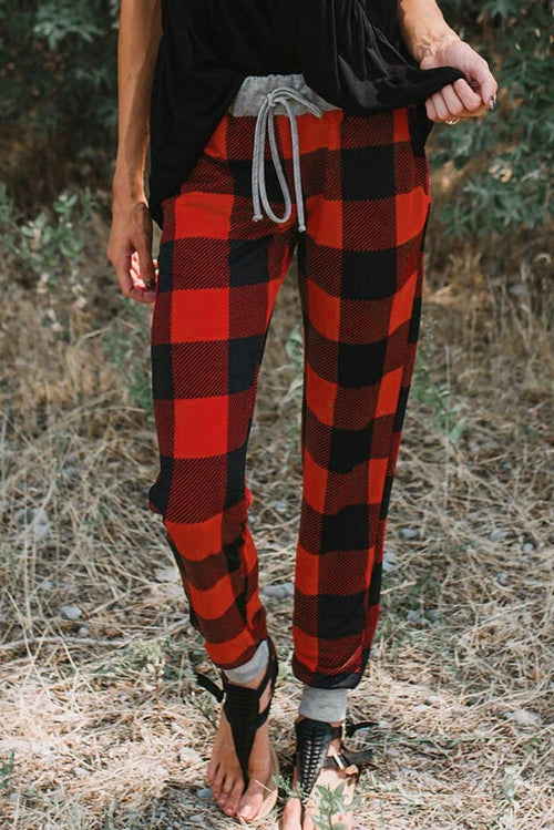 Christmas Red Buffalo Plaid Pocketed Drawstring Joggers - Yaze Jeans