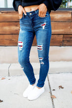 Load image into Gallery viewer, Dark Wash Mid Rise Distressed Plaid Patch Skinny Jeans - Yaze Jeans
