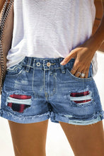 Load image into Gallery viewer, Women&#39;s Blue Red Plaid Patchwork Rolled Hem Denim Shorts - Yaze Jeans
