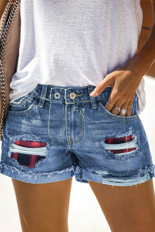 Women's Blue Red Plaid Patchwork Rolled Hem Denim Shorts - Yaze Jeans