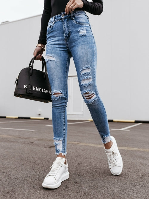 Women High Waist Skinny Stretch Ripped Destroyed Denim Pants - Yaze Jeans
