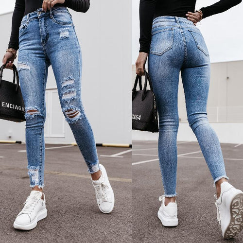 Women High Waist Skinny Stretch Ripped Destroyed Denim Pants - Yaze Jeans