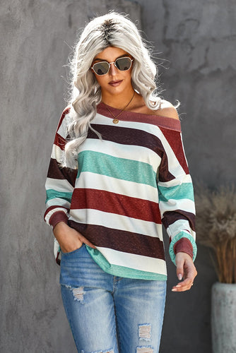 One Shoulder Striped Color Block Lantern Long Sleeve Top - Yaze Jeans