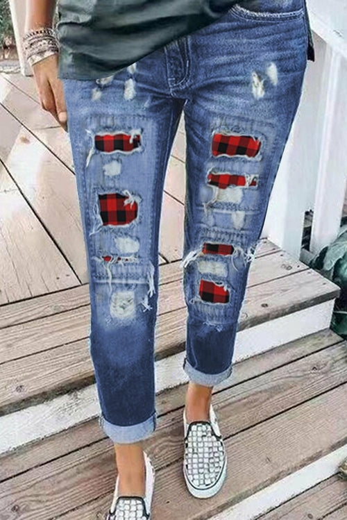 Ripped Plaid Straight Legs Jeans - Yaze Jeans