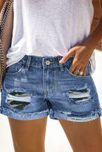 Load image into Gallery viewer, Fashion Blue Green Camo Patchwork Rolled Hem Denim Shorts - Yaze Jeans
