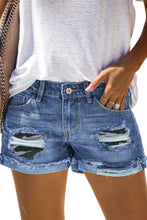 Load image into Gallery viewer, Fashion Blue Green Camo Patchwork Rolled Hem Denim Shorts - Yaze Jeans
