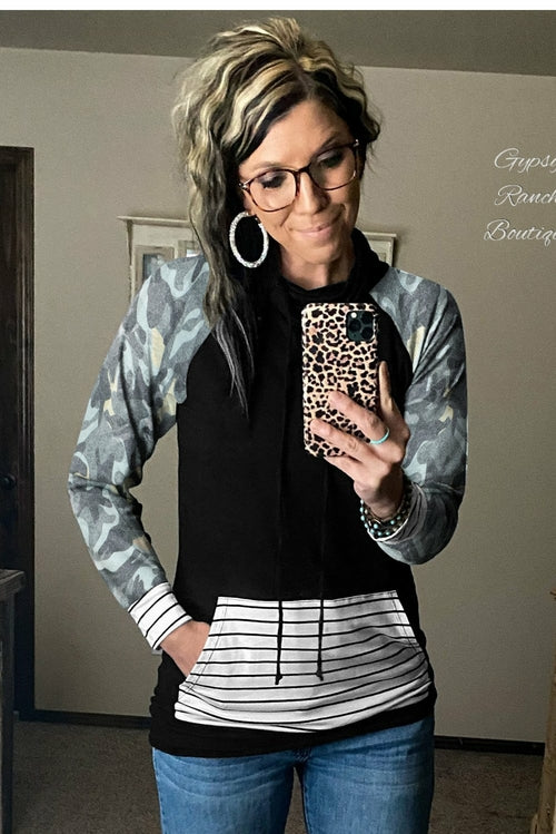 Camo Stripe Prints Splicing Hoodie - Yaze Jeans
