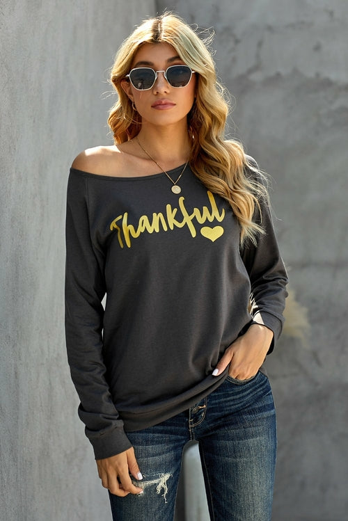 THANKFUL Print Off Shoulder Long Sleeve Top without Strap - Yaze Jeans
