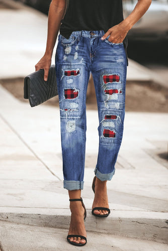 Ripped Plaid Straight Legs Jeans - Yaze Jeans