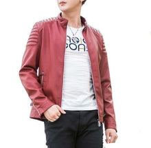 Load image into Gallery viewer, Mens Slim Fit Red Biker Faux Leather Jacket - Yaze Jeans
